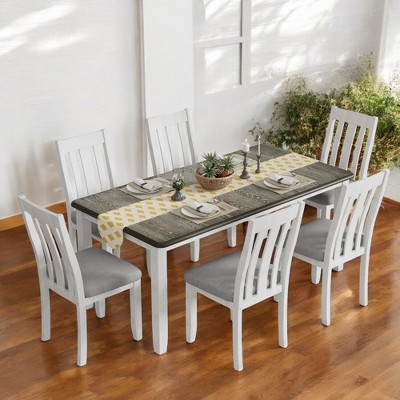 7-Piece Retro Dining Table Set with Extendable Table and 6 Upholstered Chairs, Solid Wood Legs, Distressed Finish for Kitchen or Dining Room