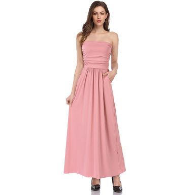Coolmee Women's Strapless Maxi Dress Off Shoulder Flared Tube Top Long  Dresses with Pocket L Light Pink : Target