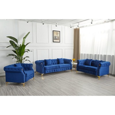 3 Piece Living Room Set, Mid-Century Style Sofa,Button Tufted Armchair Loveseat Couch with Square Pillows and Nailhead Trim for Living Room