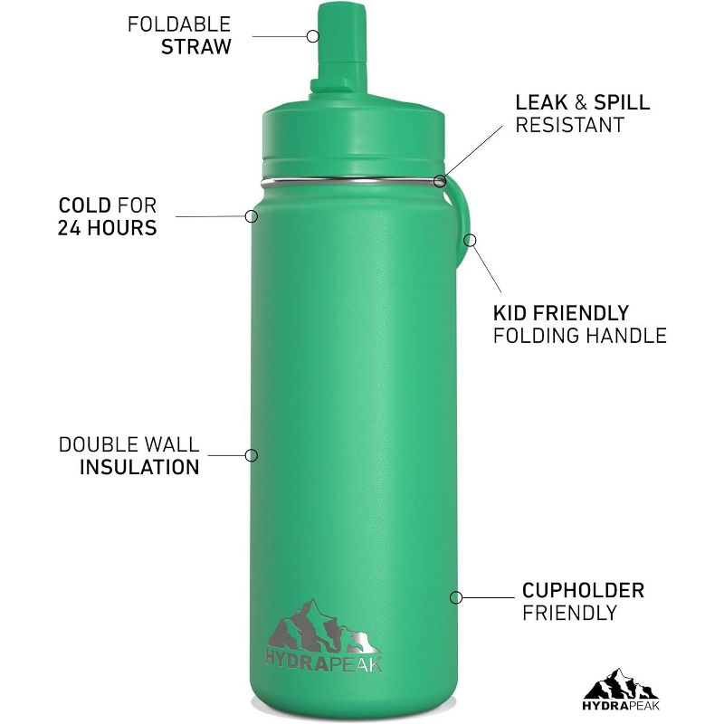 Hydrapeak Mini 20oz Kids Water Bottle With Leak & Spill Proof Straw Lid, Stainless Steel Double Wall Insulated, 2 of 8