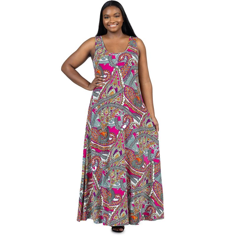 24seven Comfort Apparel Plus Size Pink Paisley Print Scoop Neck A Line Sleeveless Maxi Dress, 1 of 7