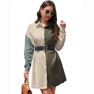 Coolmee Women's Corduroy Mini Dress Long Sleeve Button Down Shirt Short Dress with Belt - 1 of 4