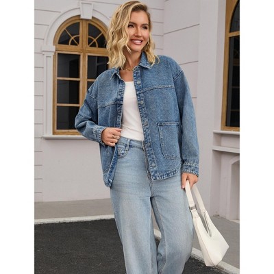 INSPIRE CHIC Women's Denim Long Sleeve Button Down Casual Western Shacket with Pockets Jean Jackets Gray Blue Medium — фото 3