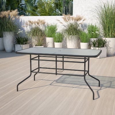 Black Steel Rectangular Patio Table with Glass Top and Umbrella Hole