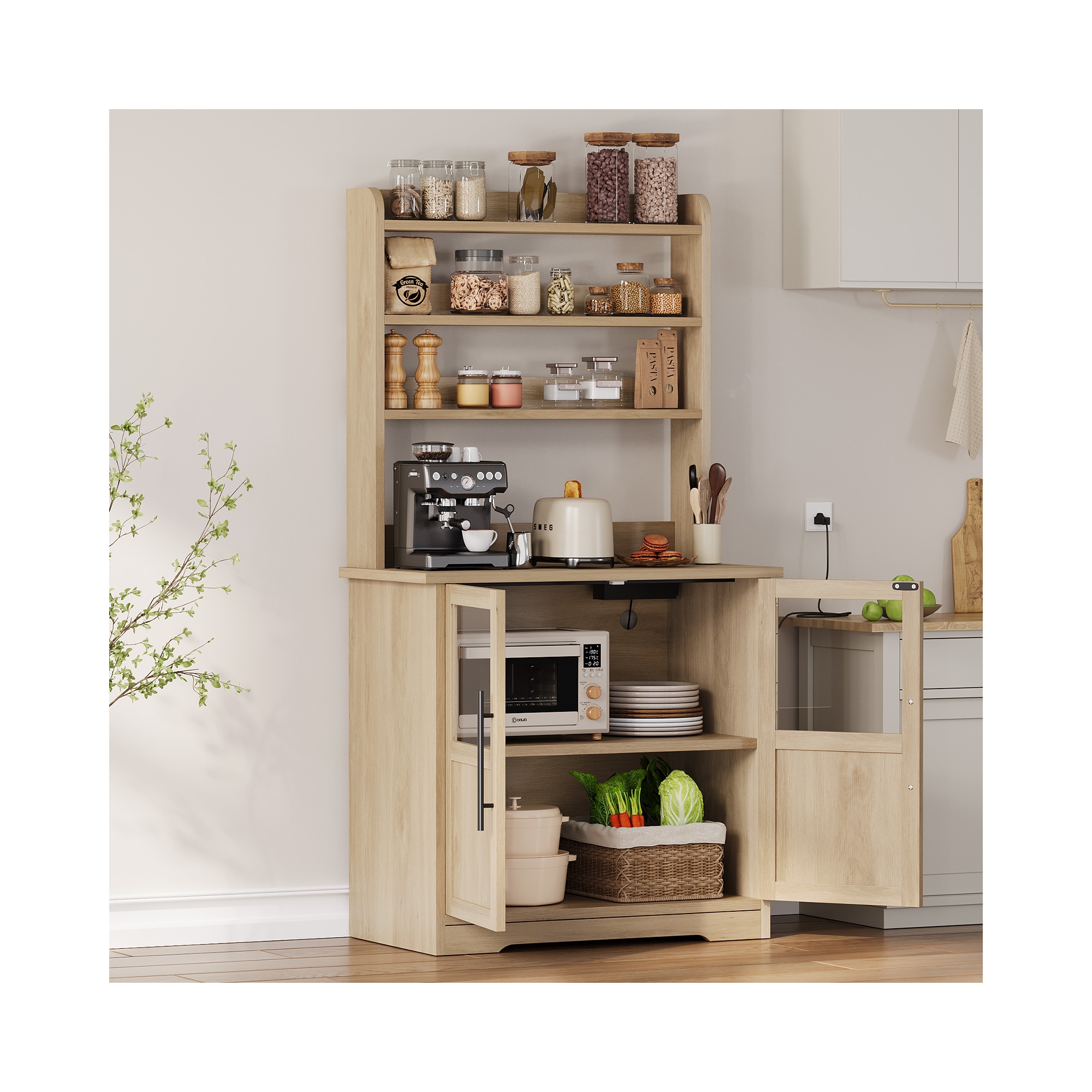Farmhouse 2 Glass Door Bakers Rack with Power Outlet, Thickened Counter, Wooden Kitchen Storage Cabinet with Large Storage, Easy Assembly
