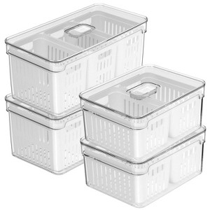 OU Fridge Organizer Bins with Drain Basket & Vented Lid, Clear Stackable Refrigerator Storage Container, Produce Kitchen Storage Bin, BPA Free - 1 of 4