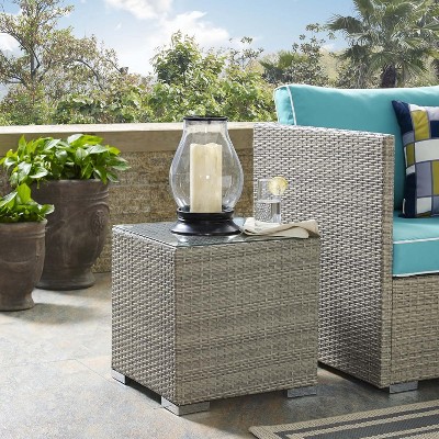 Light Gray Wicker Rattan Glass Outdoor Patio Side Table