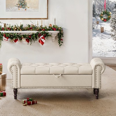 Arceso Storage Bench,50” Queen Linen Tufted Button End of Bed Bench, Upholstered Bedroom Bench,Ottoman Bench for End of Bed Living Room, Entryway