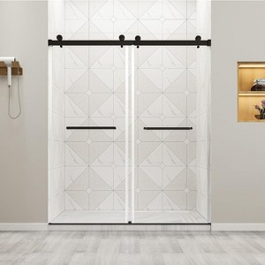Zevemomo56"-60"W x 75" H Frameless Shower Door, Double Sliding with 5/16" 8mm) Clear Tempered Glass,Noiseless Shatterproof,304 Stainless Steel, Black - 1 of 4