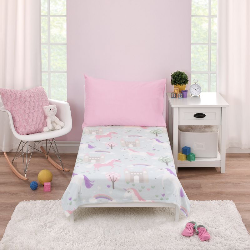 Everything Kids Unicorn Aqua, Pink and White Castles and Rainbows Super Soft Toddler Blanket, 4 of 5