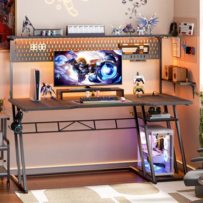 Aheaplus Gaming Desk with Hutch and LED Lights, Computer Table with Storage Shelves