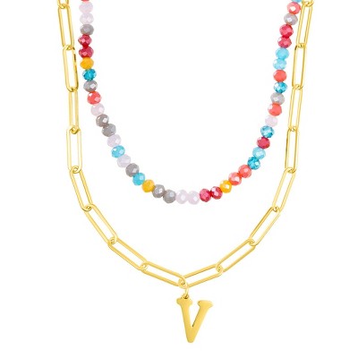 Adornia 14k Gold Plated Adjustable Layered Color Beads and Paperclip Chain Initial Necklace