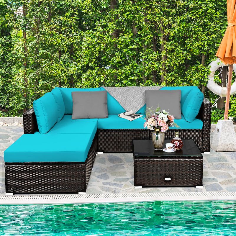 Costway 6PCS Outdoor Patio Rattan Furniture Set Cushioned Sectional Sofa Navy\Black\Turquoise, 3 of 11