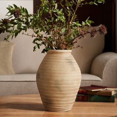 Rustic Light Brown Ribbed Ceramic Urn Vase 13.2-Inch Tall
