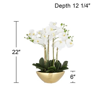 White Orchid Faux Flower Arrangement in Gold Ceramic Pot