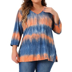 Agnes Orinda Women's Plus Size Tie Dye 3/4 Sleeve Side Slit V Neck Trendy Spring Tops - 1 of 4