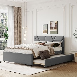 Luxury Linen Upholstered Bed with Stylish Brick Headboard & Twin XL Trundle - Dream Bedroom Essential - 1 of 4