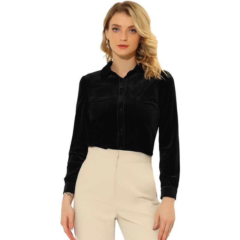 Allegra K Women's Button Down Solid Color Long Sleeve Velvet Work Shirt, 1 of 6