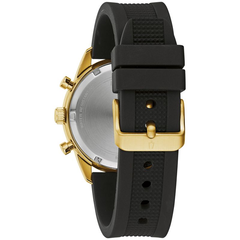 Bulova Men's Sport 6-Hand Chronograph Quartz Watch with Black Silicone Strap, Gold Tone 42mm, 3 of 5