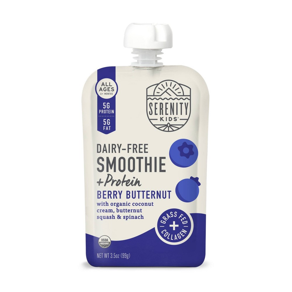 Serenity Kids Dairy Free Organic Berry & Butternut Smoothie + Protein with Grass Fed Collagen Baby Food Pouch - 3.5oz