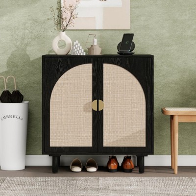 SKRAN Rattan Buffet Cabinet with Storage, Sideboard Cabinet with Solid Pine Legs, Accent Wood Cabinet for Dining Room, Kitchen