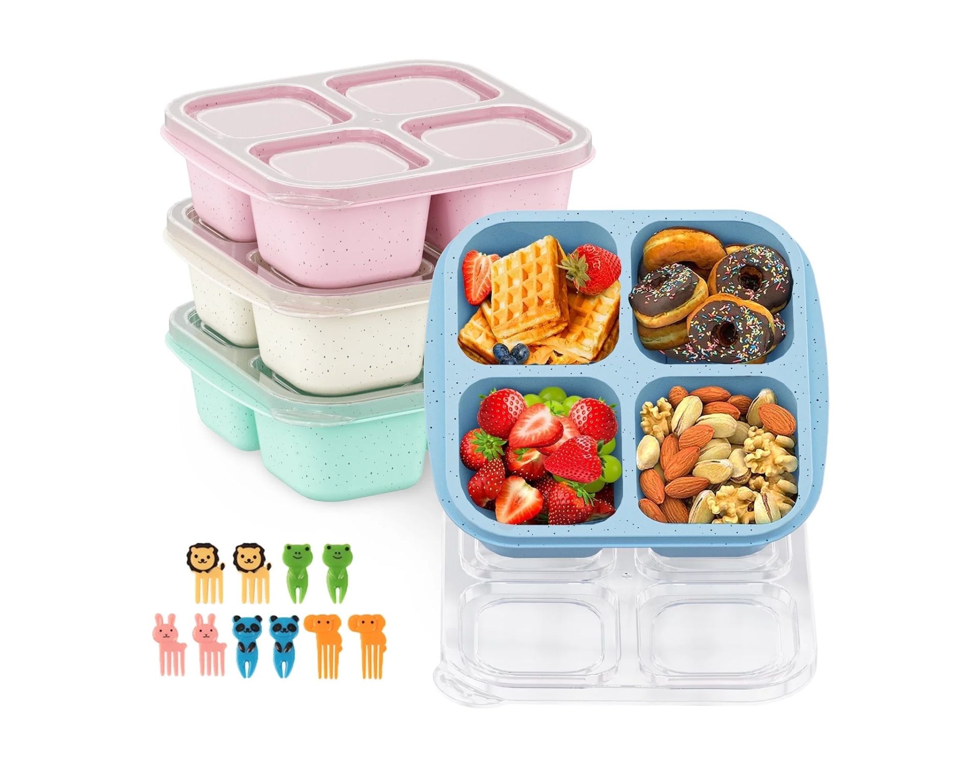 BRINJOY 4-compartment lunch box, 4-pack, reusable, food storage, stackable, suitable for school, work and travel