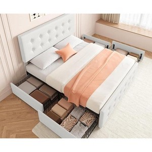 Bed Frame with 4 Storage Drawers & Adjustable Headboard - PU Leather Upholstered Platform Bed, Button Tufted Design - 1 of 4