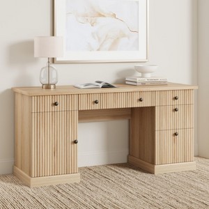 60" Fluted Home Office Desk with Storage & Charging Station, Wooden Writing Desk with File Cabinet - 1 of 4