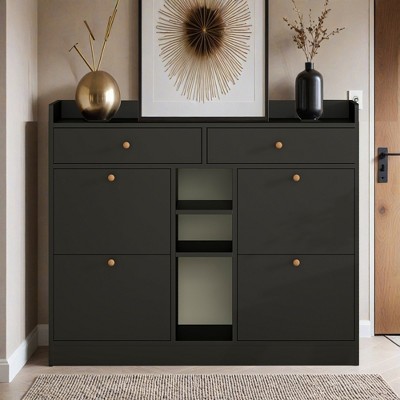 Modern Tipping Bucket Shoe Cabinet with 4 Flip Drawers, Multifunctional 2-Tier Shoe Storage Organizer with Drawers - Leovsnove