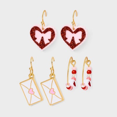 Valentine's Day Heart Beaded and Mail Drop Earring Set 3pc - Gold/Pink/Red