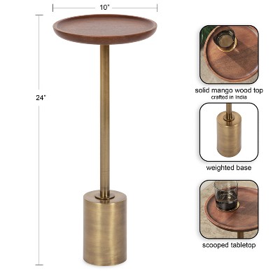Walnut Brown and Antique Brass Round Wood and Metal Drink Table