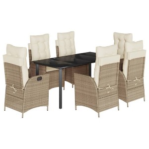 vidaXL 7-Piece Patio Dining Set - Beige Poly Rattan Outdoor Furniture with Cushions and Glass Tabletop - Garden, Backyard, Patio - 1 of 4