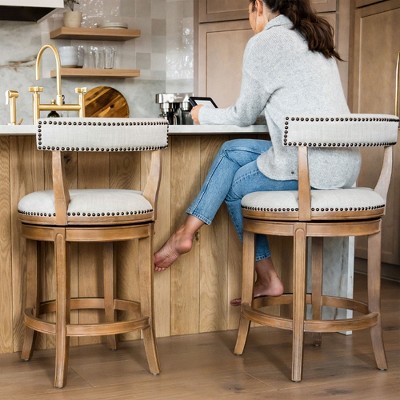 Alexander Weathered Oak Swivel Bar Stools with Sand Fabric, Set of 4
