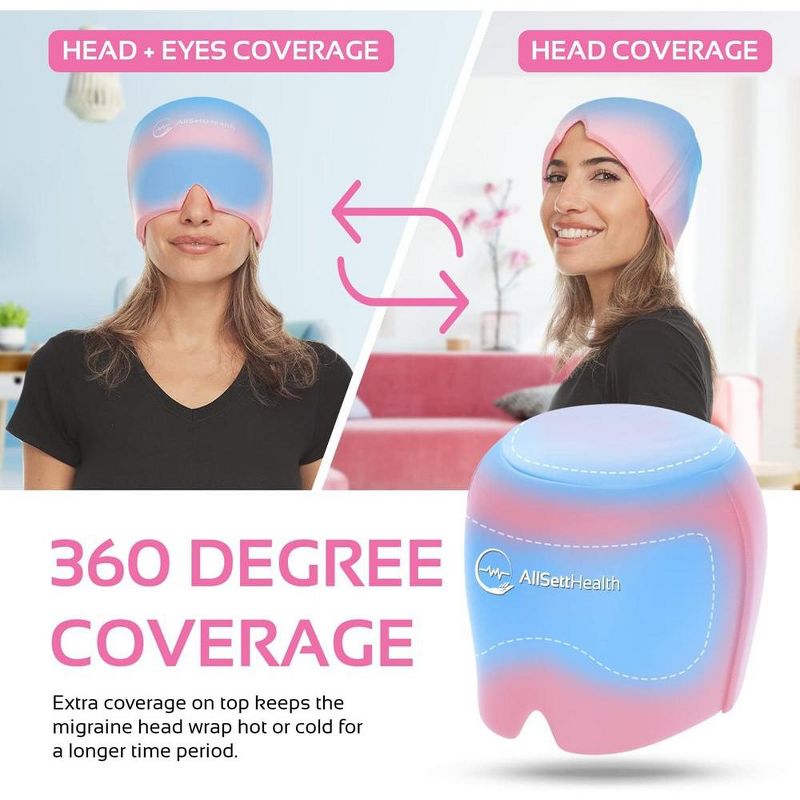 Allsett Health Migraine Relief Cap, One Size Fits All | Hot/Cold Gel Compress, Built in Face and Eye Mask, Hangover, Sinus, and Stress  Relief- Pink, 5 of 7