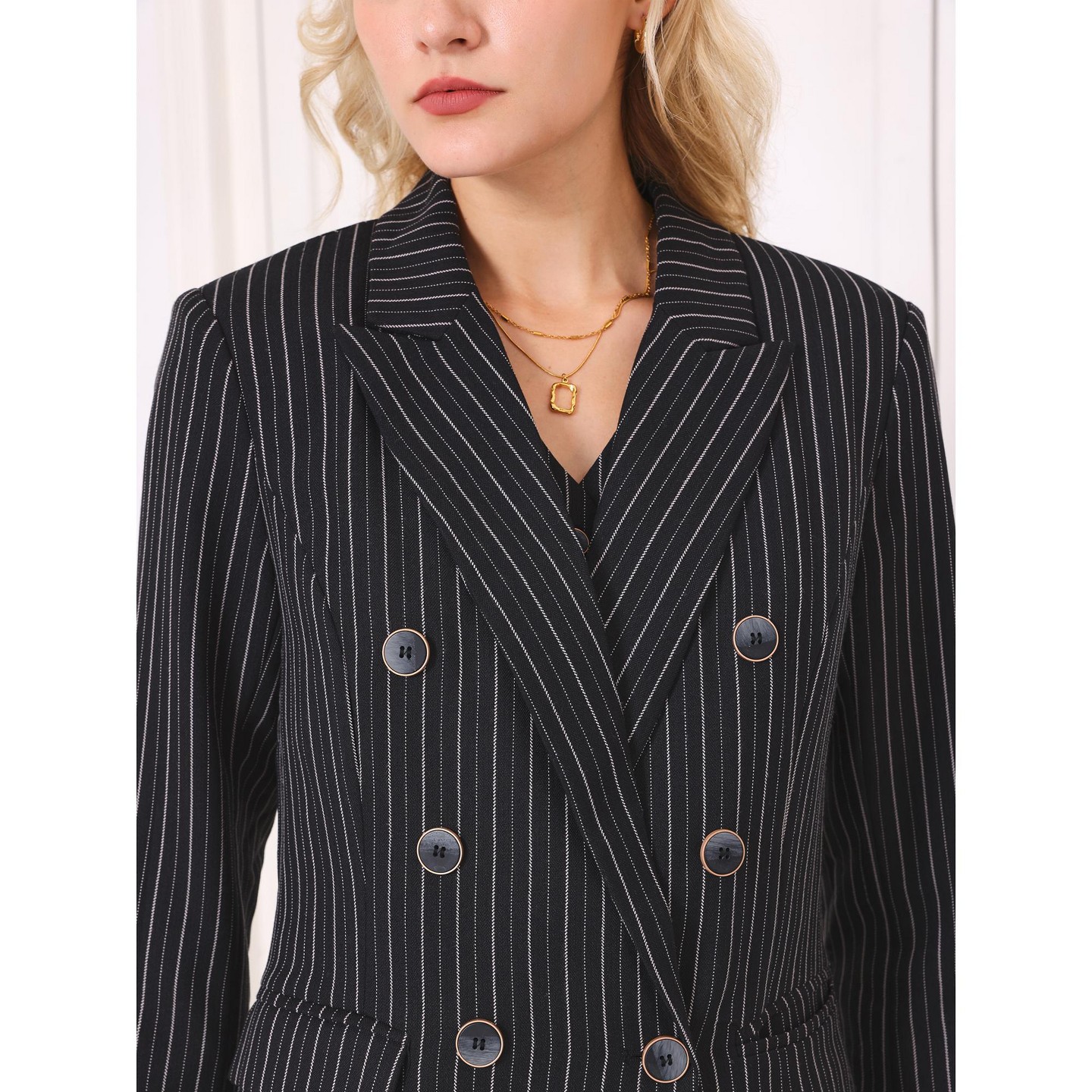 Женский пиджак INSPIRE CHIC Office Dressy Blazer Casual Double Breasted Striped Suit Jacket X-Large Black, цвет: Полосатый — фото 4