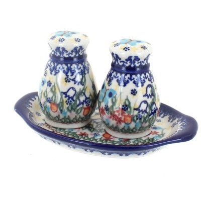 Blue Rose Polish Pottery Garden of Eden Salt & Pepper Shakers with Tray