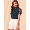 INSPIRE CHIC Women's Bow Tie V Neck Stand Collar Short Mesh Sleeve Blouse - 3 of 4