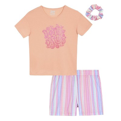 Sleep On It Girls 2-Piece Short-Sleeve Jersey Pajama Shorts Set with Matching Hair Scrunchie