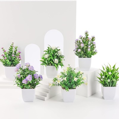 BRINJOY 6-Pack Mini Artificial Potted Plants with Flowers - Small Faux Greenery Set for Home and Office Decor