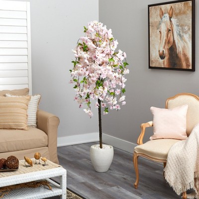 70-inch Pink Cherry Blossom Artificial Tree in White Planter