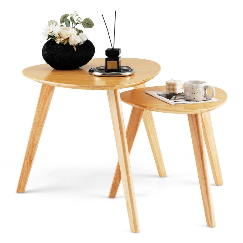 Costway Nesting Table Set of 2 Triangle Modern Coffee Table Rubber Wood for Living Room, 2 of 11