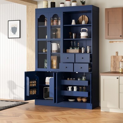 Freestanding Buffet with Hutch with 4 Drawers, Door Shelves and Pull-out Trays for Kitchen Storage or Dining Room Setup