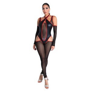 Slickblue Cutout Halter Off Shoulder Jumpsuit - Mesh Black Red One-Piece for Women, Size S-L - 1 of 4