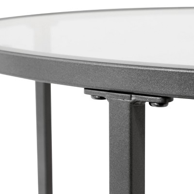 Pewter Round Glass Coffee Table with Steel Frame, 28 Inches
