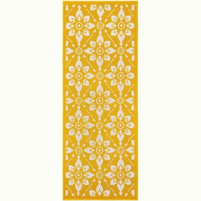 Yellow and Ivory Floral Flat Woven Outdoor Runner Rug