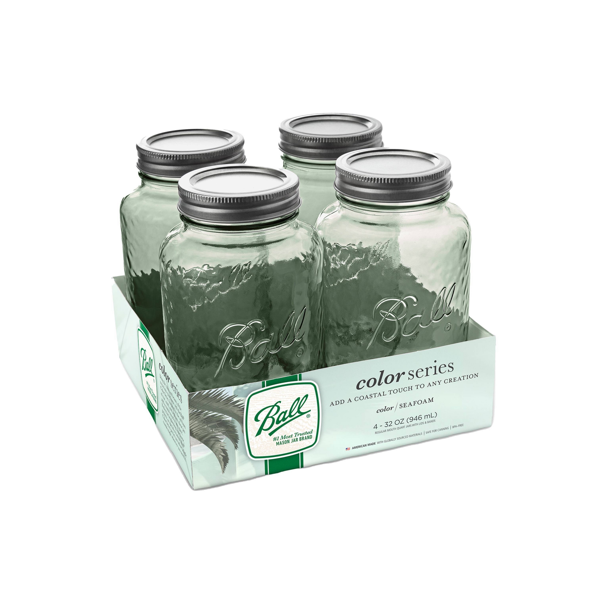 Ball 32oz 4pk Glass Regular Mouth Mason Color Jar with Lid and Band Seafoam Green