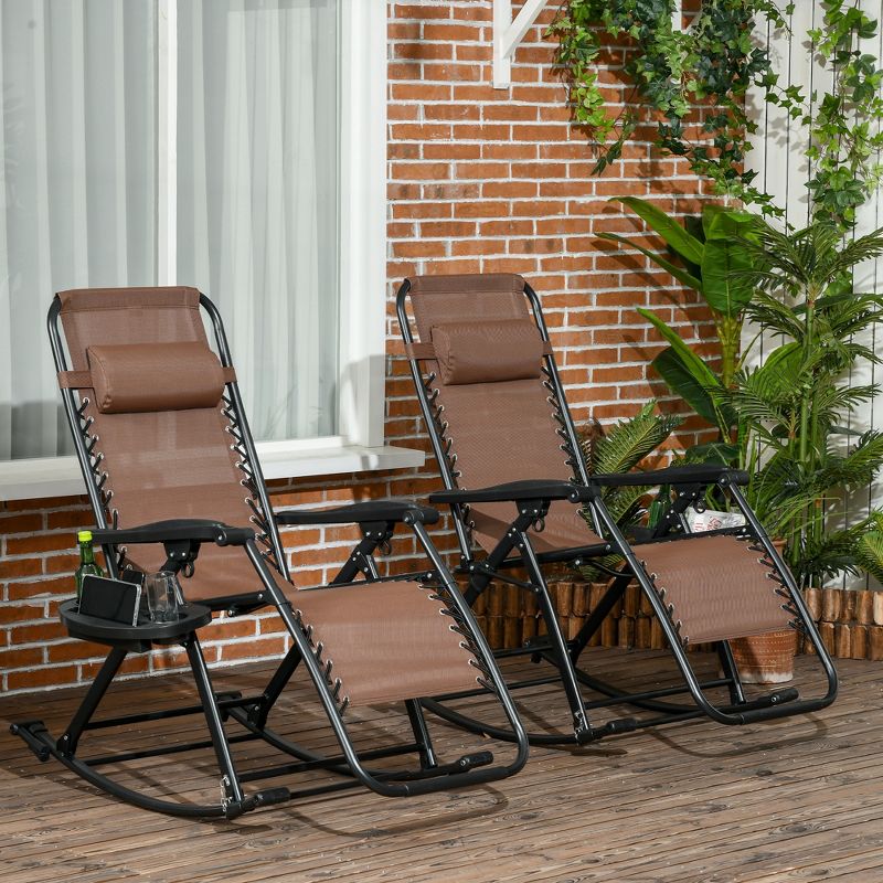 Outsunny 2 Outdoor Rocking Chairs Foldable Reclining Zero Gravity Lounge Rockers w/ Pillow Cup & Phone Holder, Combo Design w/ Folding Legs, Brown, 3 of 7