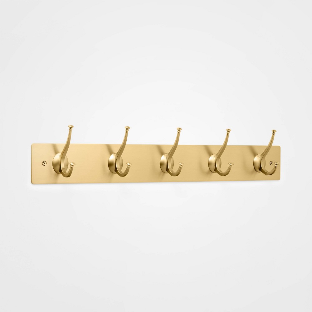 New Traditional 5 Hooks Rail Gold - Threshold™: Wall Mounted Decorative Hook Rack, Light Gold, Zinc Alloy, 40lb Capacity