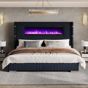 AMERLIFE Modern Bed Frame with Fireplace, Wingback Platform Bed Frame with 60.4“ Extra Tall Headboard, Beige - 1 of 4