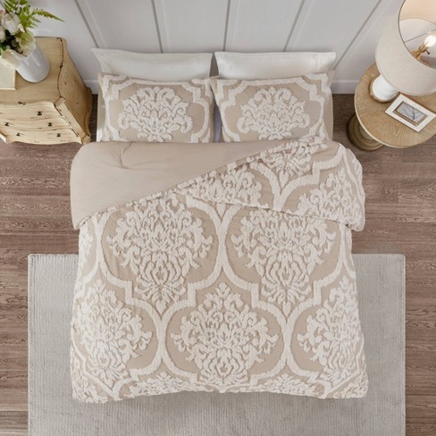 King California King 3pc Cotton Chenille Damask Comforter Set Taupe